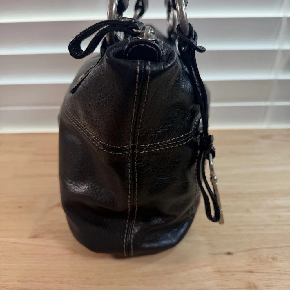 VTG 1954 Fossil Long Live Black Faux Leather Zip Double Handle Satchel Handbag